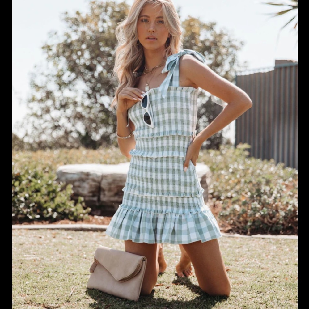 Vici Carmela Smocked Gingham Tie Strap Mini Dress NWT